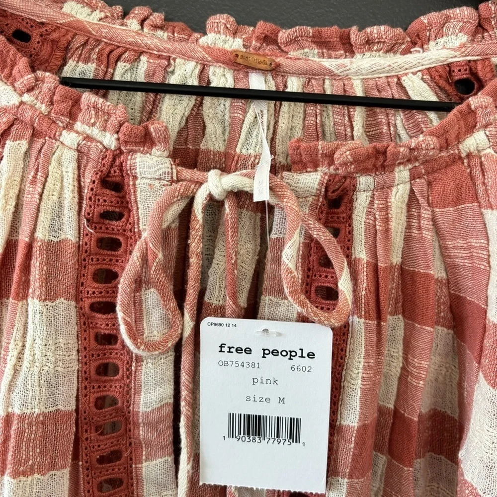 NWT Free People Honey Grove Knit Pink Plaid Long Sleeved Blouse Size M